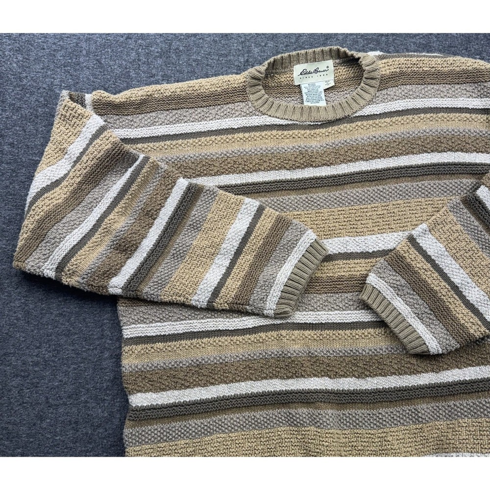Eddie Bauer Chunky Knit Striped Brown Beige Sweater Mens XL USA Vtg 90s Grandpa